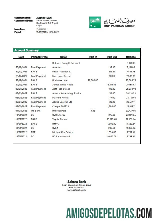 Modelo de extrato bancário da Líbia Saara